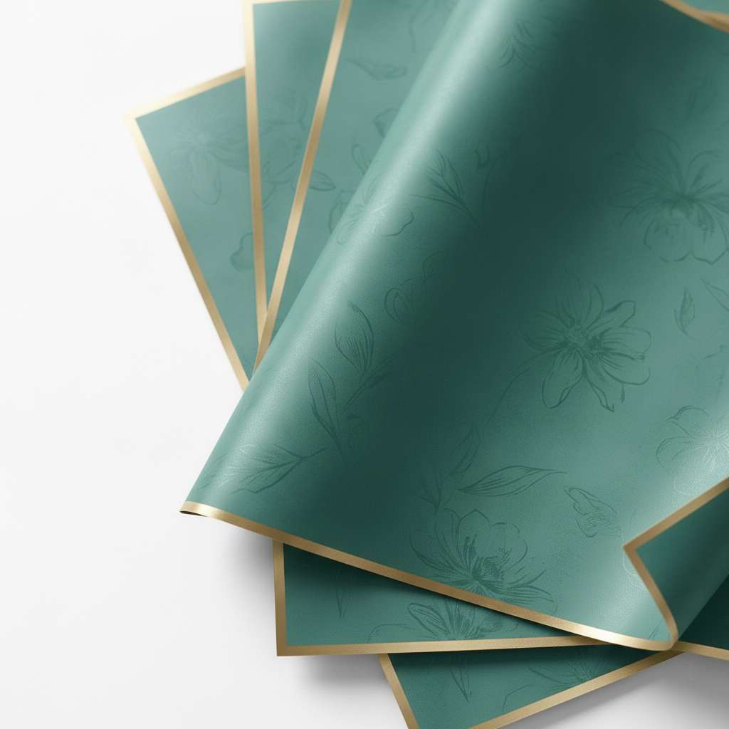 Macro close-up of teal green floral wrapping film with gold edge