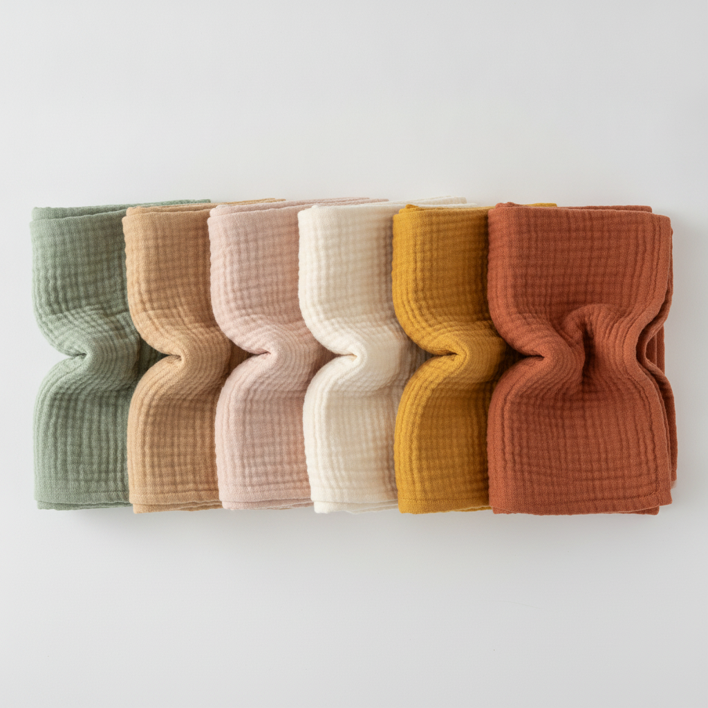 Cotton gauze towel color range flat-lay in muted shades