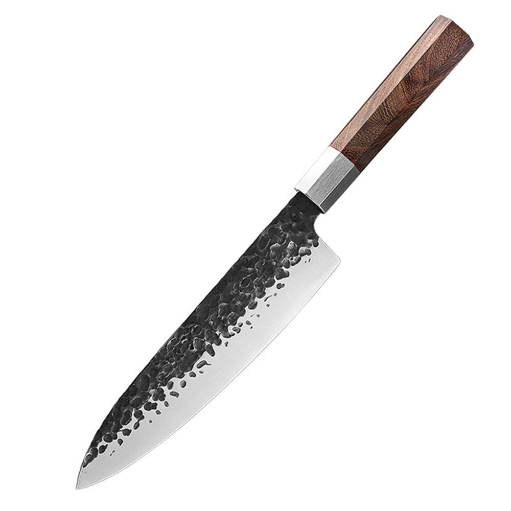 Hand-Forged Hammered Steel Kitchen Knife with Octagonal Walnut Handle
