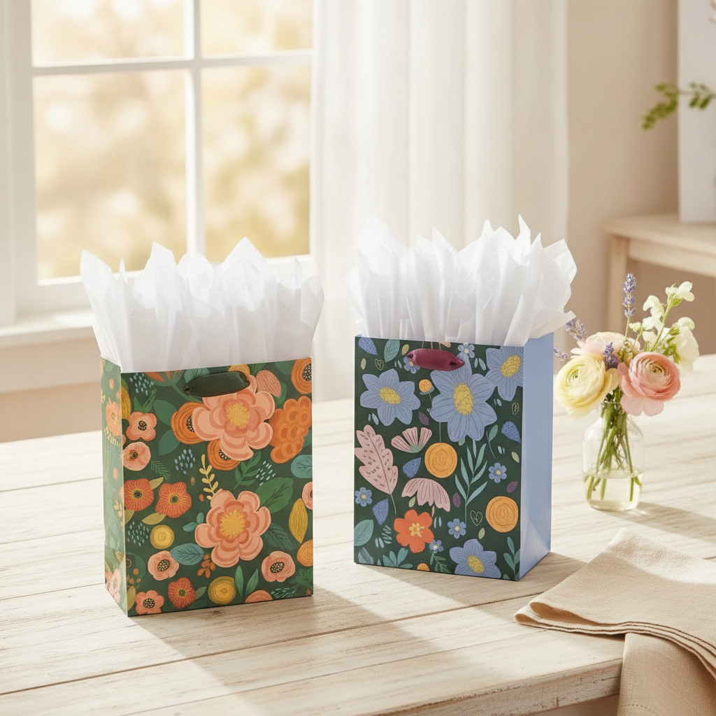 Floral gift bags on a bridal shower table with fresh pastel flowers