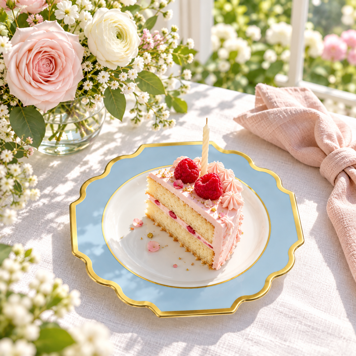 One white, dusty blue and gold small plate holding a pink frosted cake slice with raspberries and an unlit candle, beside flowers and a pink linen napkin. Representative arrangement; food and styling props not included.