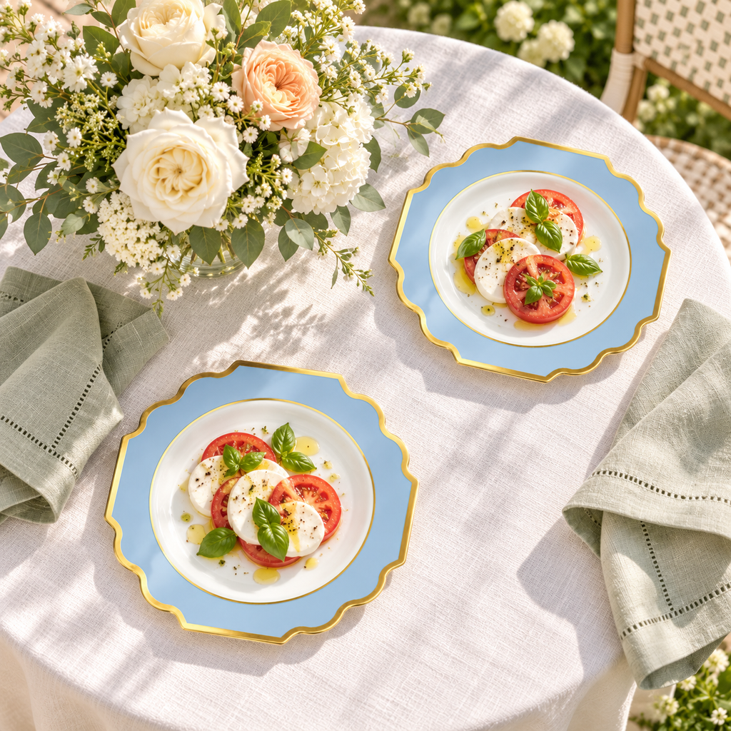 Two separate white, dusty blue and gold small plates holding tomato, mozzarella and basil appetizers on ivory linen with sage napkins and roses. Representative arrangement; food and styling props not included.