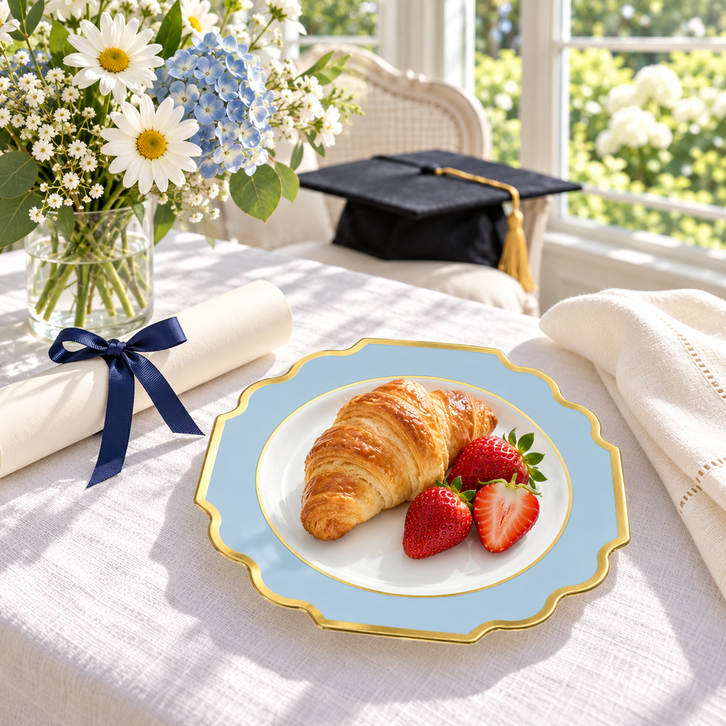 One white, dusty blue and gold small plate holding a croissant and strawberries, beside a ribbon tied scroll and flowers with a graduation cap behind. Representative arrangement; food and styling props not included.
