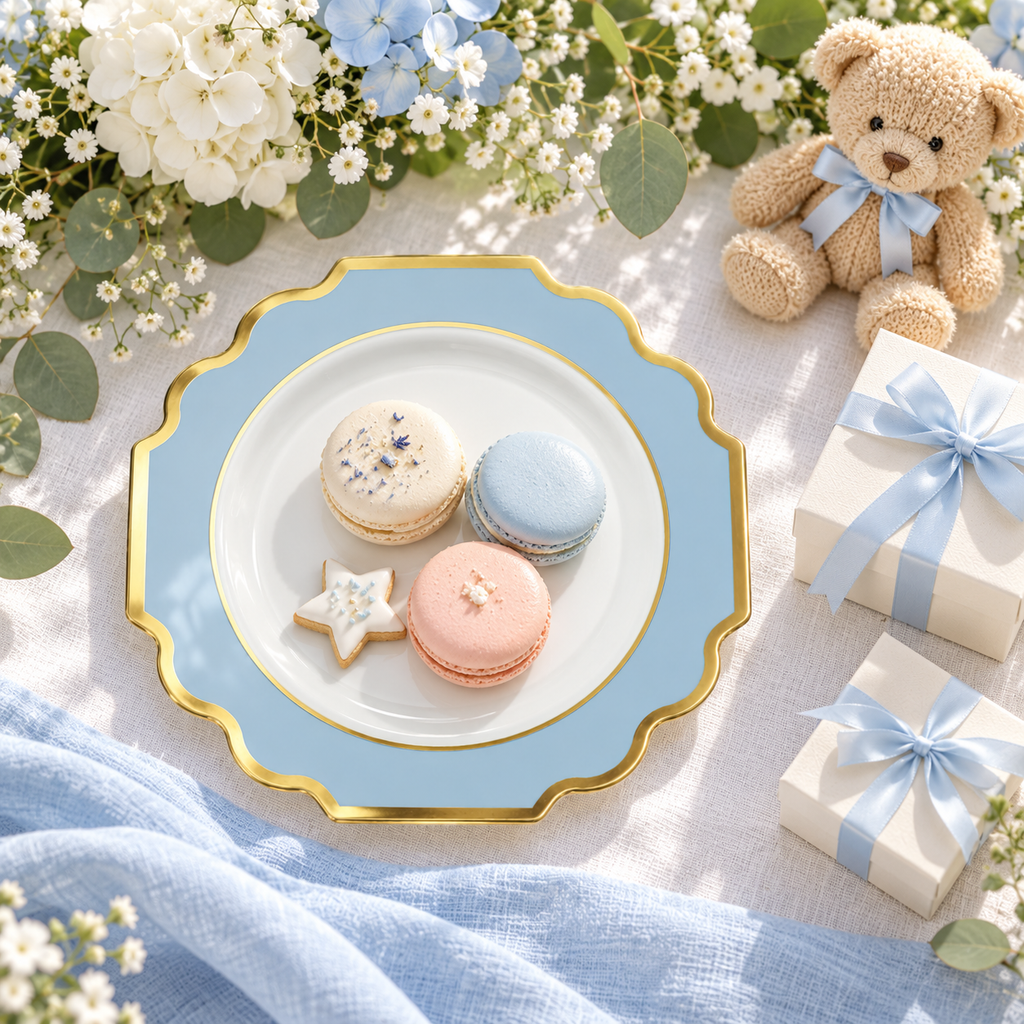 One white, dusty blue and gold small plate holding three macarons and a star shaped biscuit, beside blue ribbon favor boxes, a teddy bear and flowers. Representative arrangement; food and styling props not included.