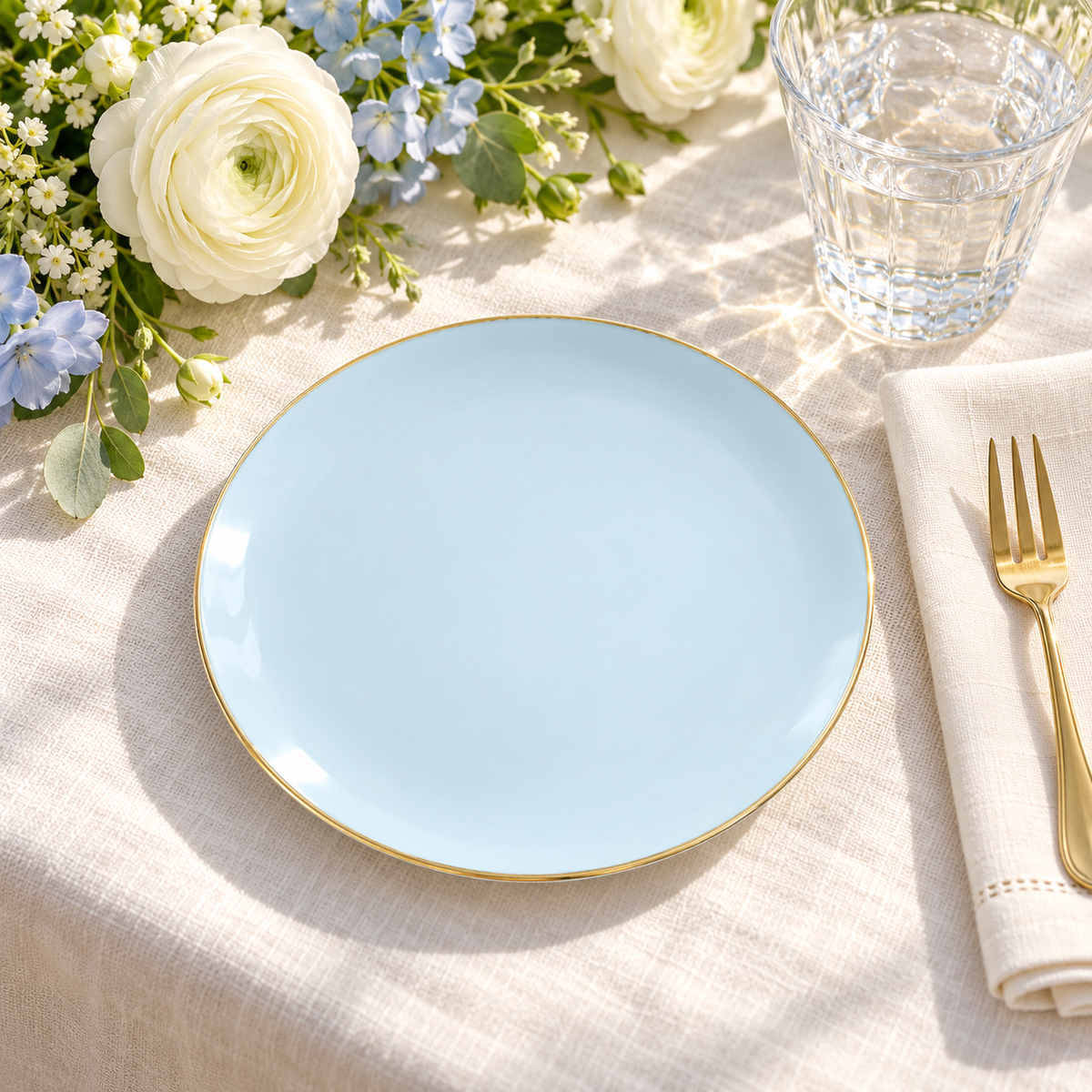 Pale blue gold edged dessert plate on ivory linen beside a gold fork, water glass and white and pale blue flowers. Representative arrangement; food and styling props not included.