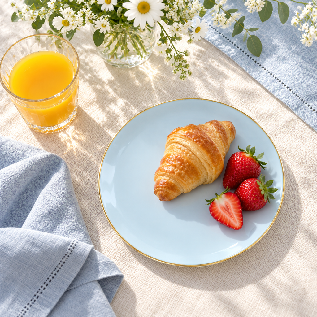 Pale blue gold edged dessert plate with a croissant and strawberries on ivory linen beside orange juice and white flowers. Representative arrangement; food and styling props not included.