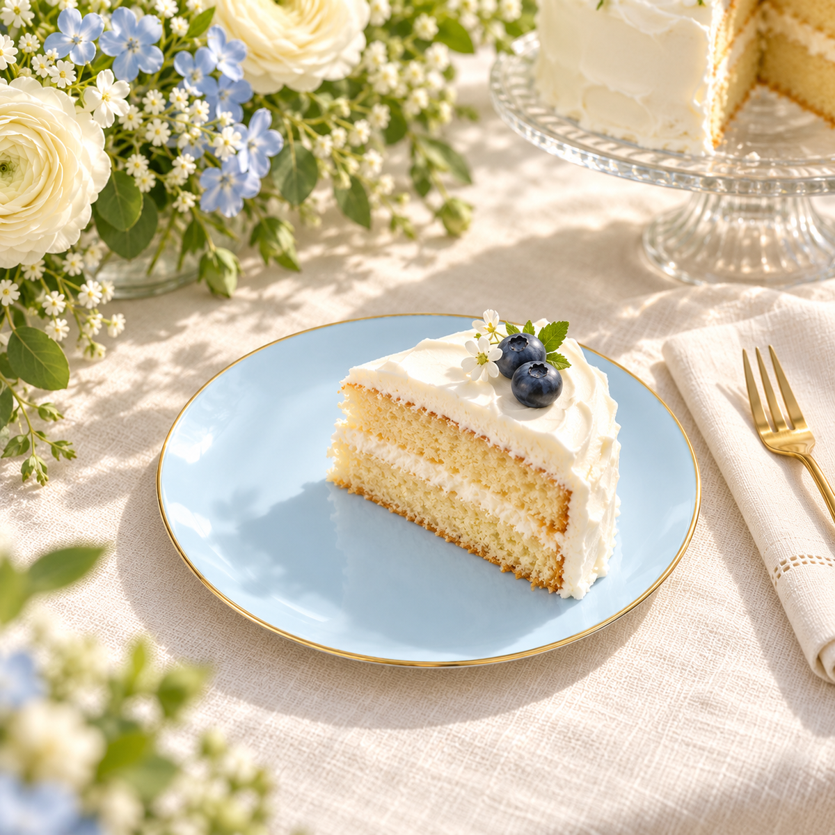 Pale blue gold edged dessert plate holding a slice of vanilla cake with blueberries beside a glass cake stand and flowers. Representative arrangement; food and styling props not included.