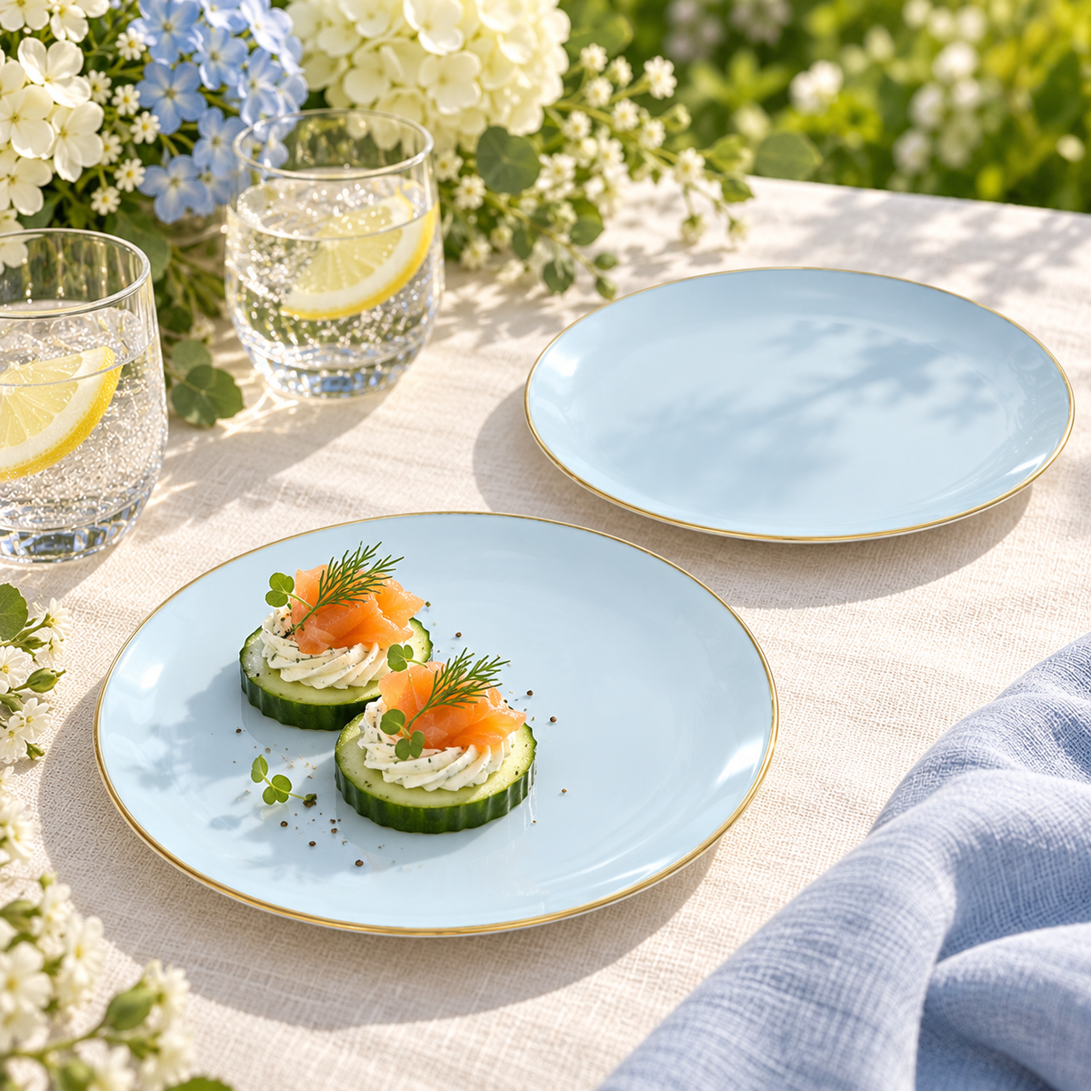 Two pale blue gold edged dessert plates on ivory linen, one with cucumber canapes, beside lemon drinks and white and blue flowers. Representative arrangement; food and styling props not included.