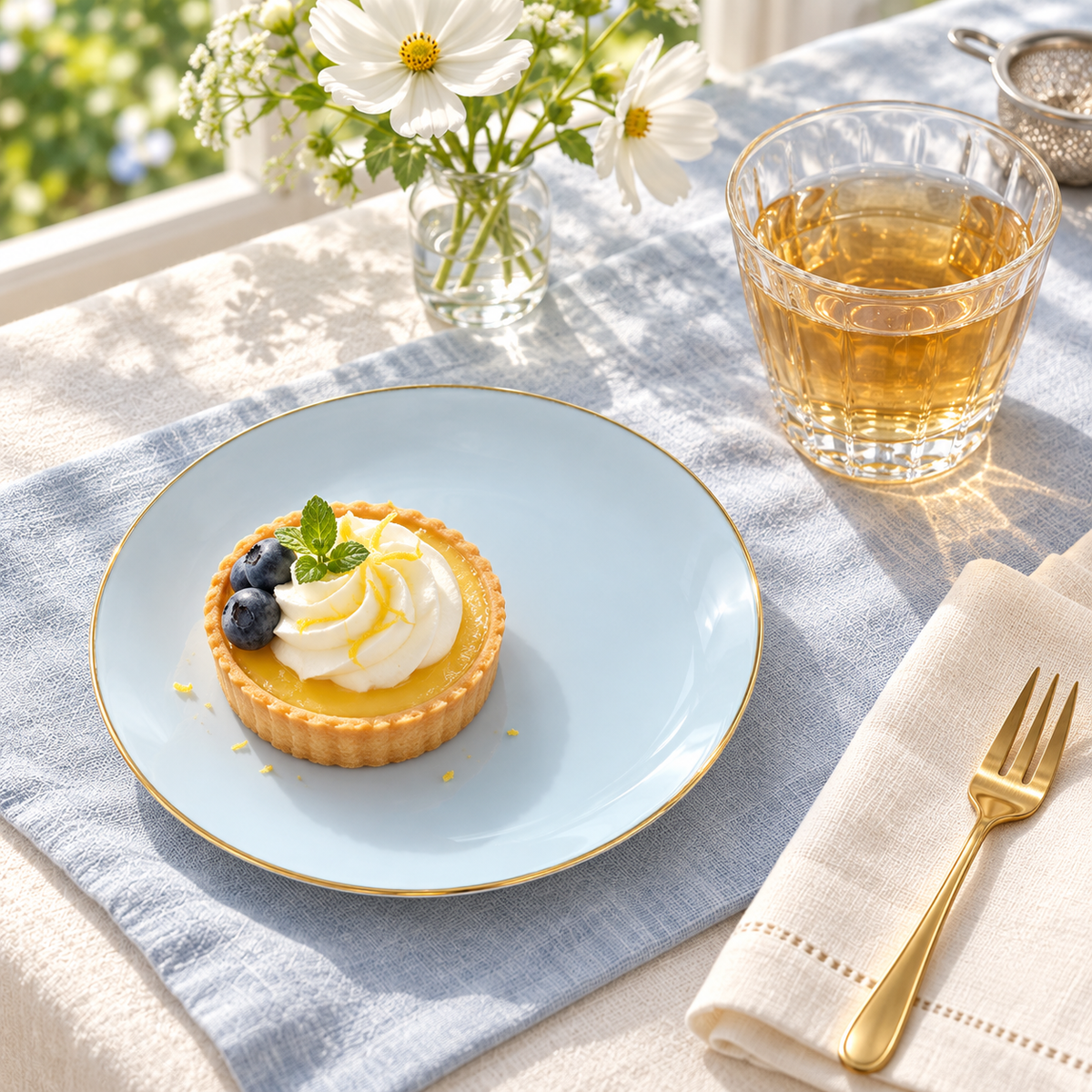 Pale blue gold edged dessert plate with a lemon tart beside a glass of tea, white cosmos and folded ivory linen. Representative arrangement; food and styling props not included.