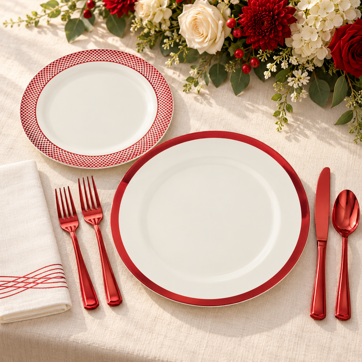Red and off white plastic place setting on cream linen beside red and cream flowers Representative arrangement; food and styling props not included.