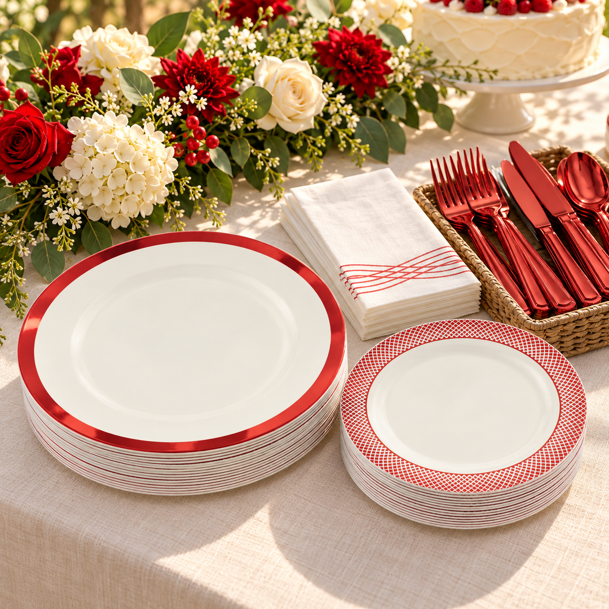 Plain red rim dinner plates and fine lattice rim dessert plates arranged for buffet service Representative arrangement; food and styling props not included.