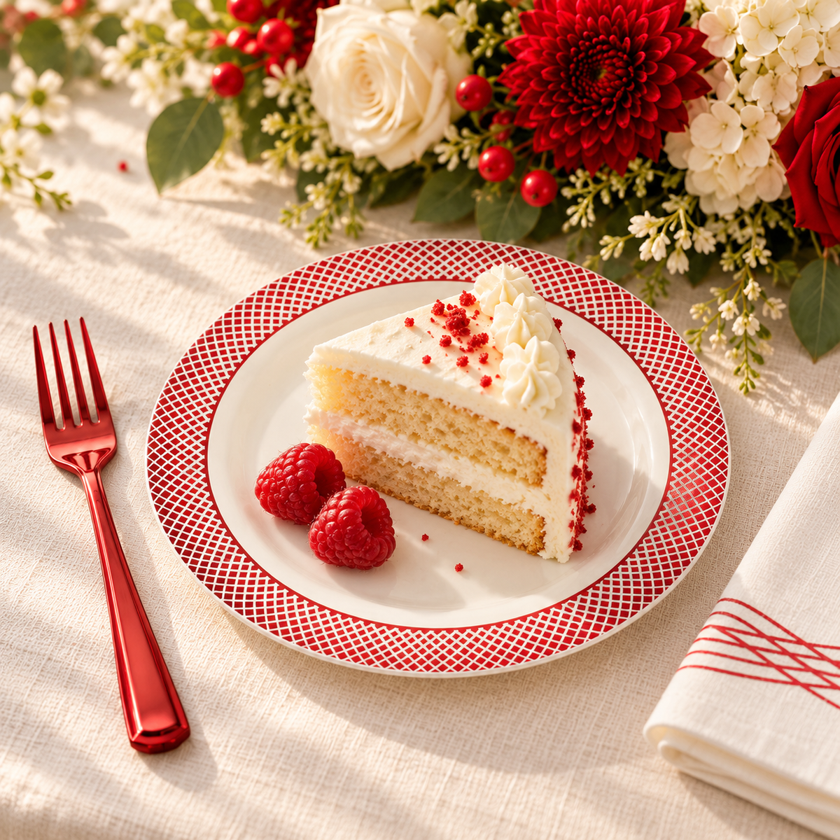 Fine white lattice red rim dessert plate holding a cake slice on a cream linen party table Representative arrangement; food and styling props not included.