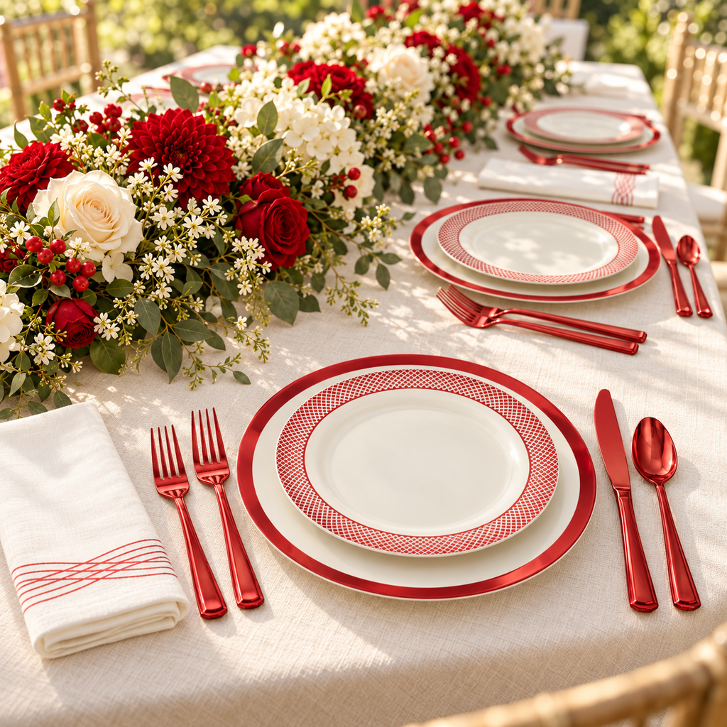 Coordinated red and off white dinnerware place settings along a floral garden reception table Representative arrangement; food and styling props not included.