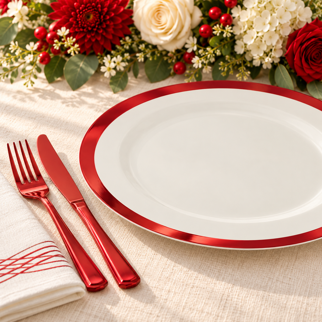 Close detail of a plain metallic red dinner plate rim with matching angular cutlery and crossed line napkin Representative arrangement; food and styling props not included.