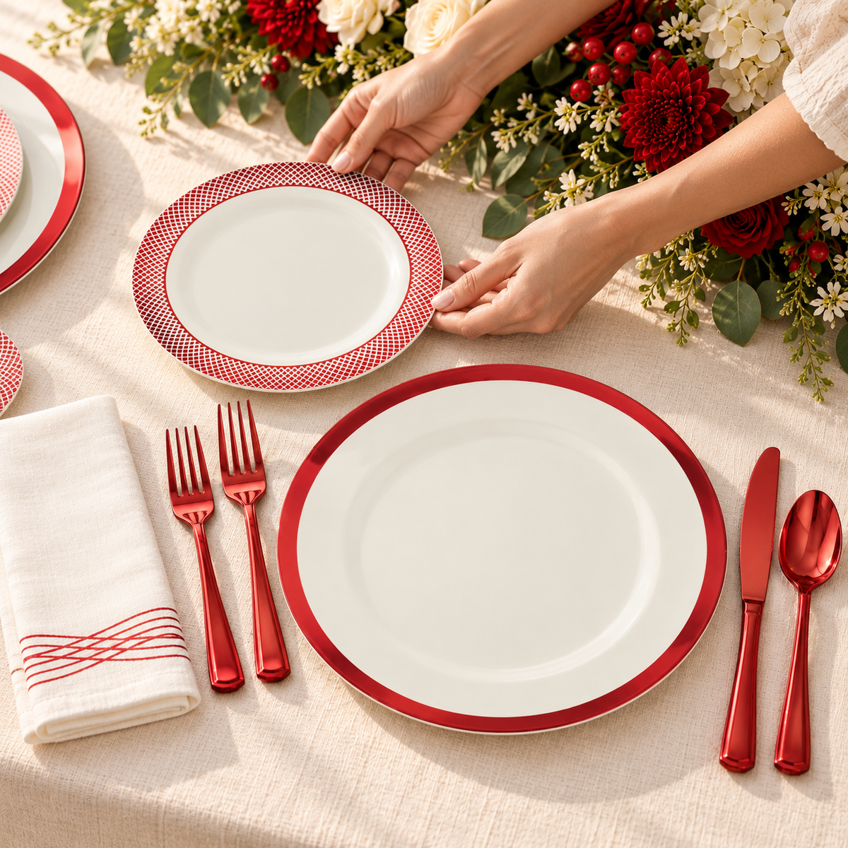 Hands placing a fine lattice rim dessert plate beside a plain metallic red rim dinner plate Representative arrangement; food and styling props not included.