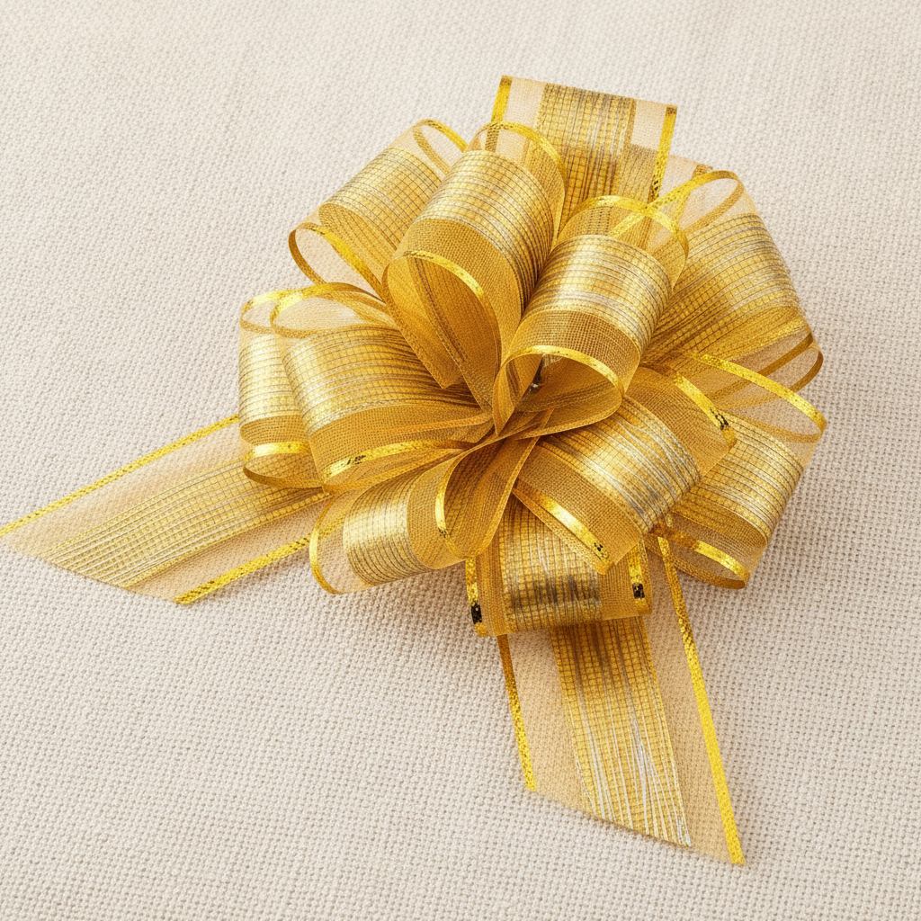 Macro detail of a gold organza pull bow loops and metallic stripe