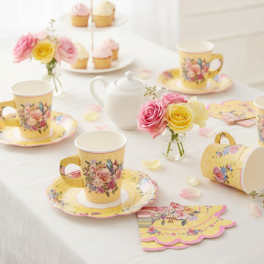 Bright styled tea party table with yellow and pink floral disposable paper cups plates and napkins