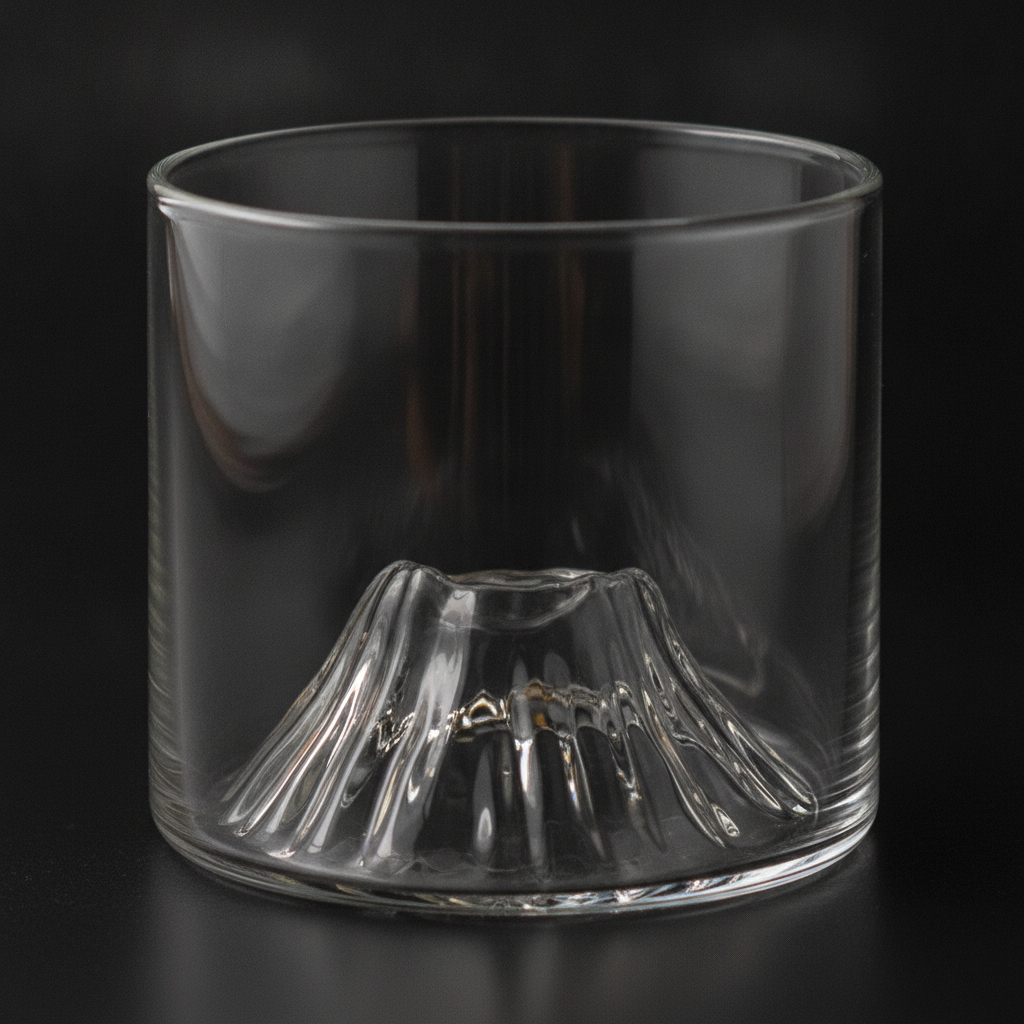 Macro of the sculptural glass mountain molded inside the base of the heavy whiskey tumbler