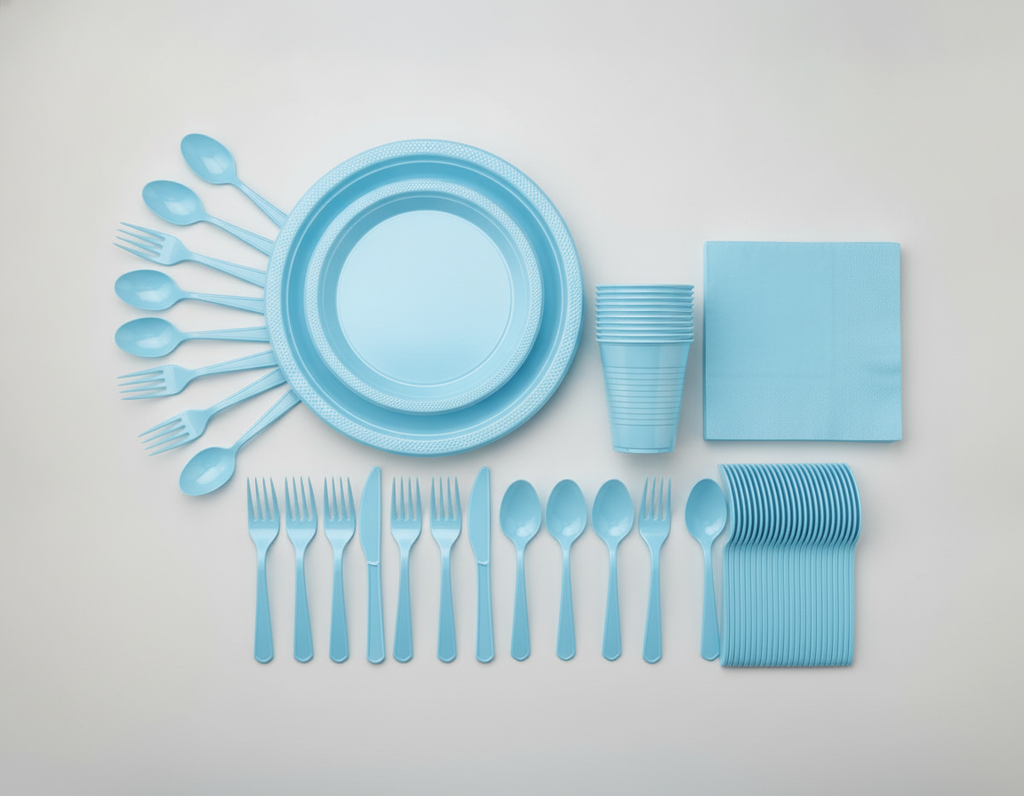 Overhead flat-lay of light blue plastic plates, cups and cutlery
