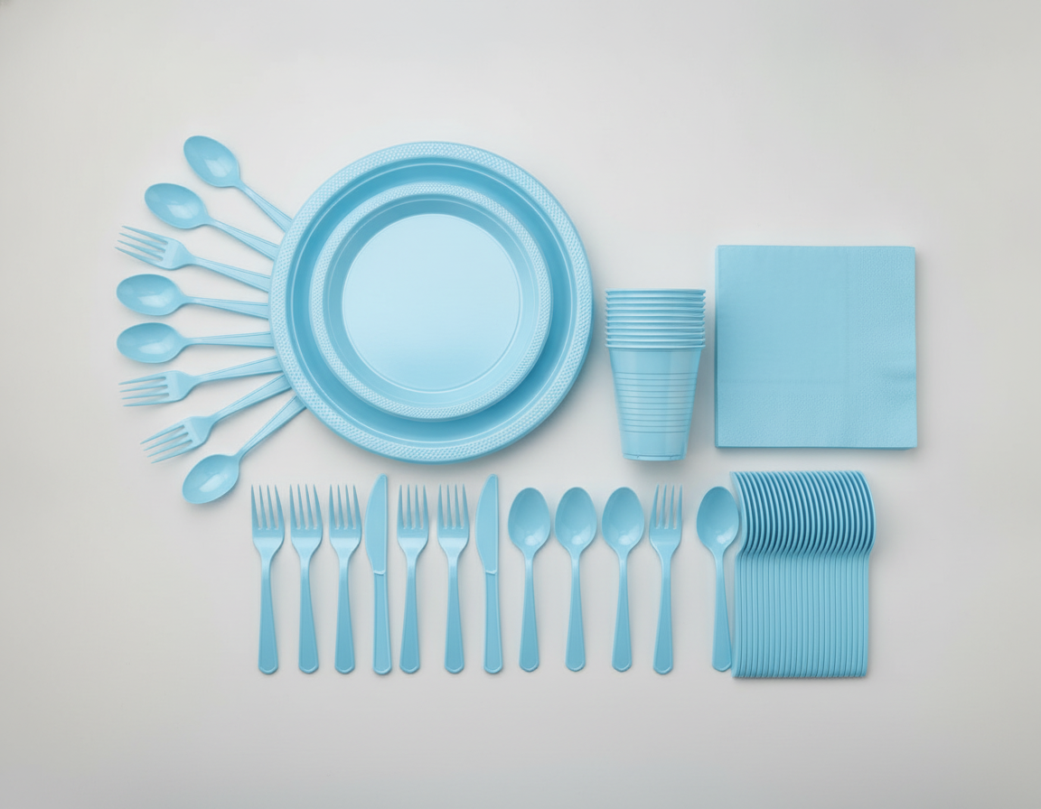 Overhead flat-lay of light blue plastic plates, cups and cutlery