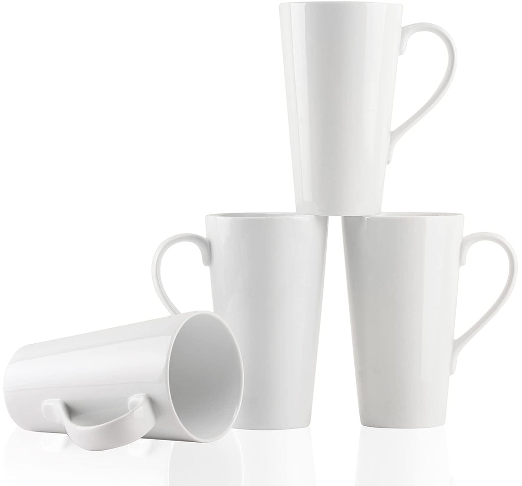 Tall White Porcelain Coffee Mugs, 16 oz, Set of 4