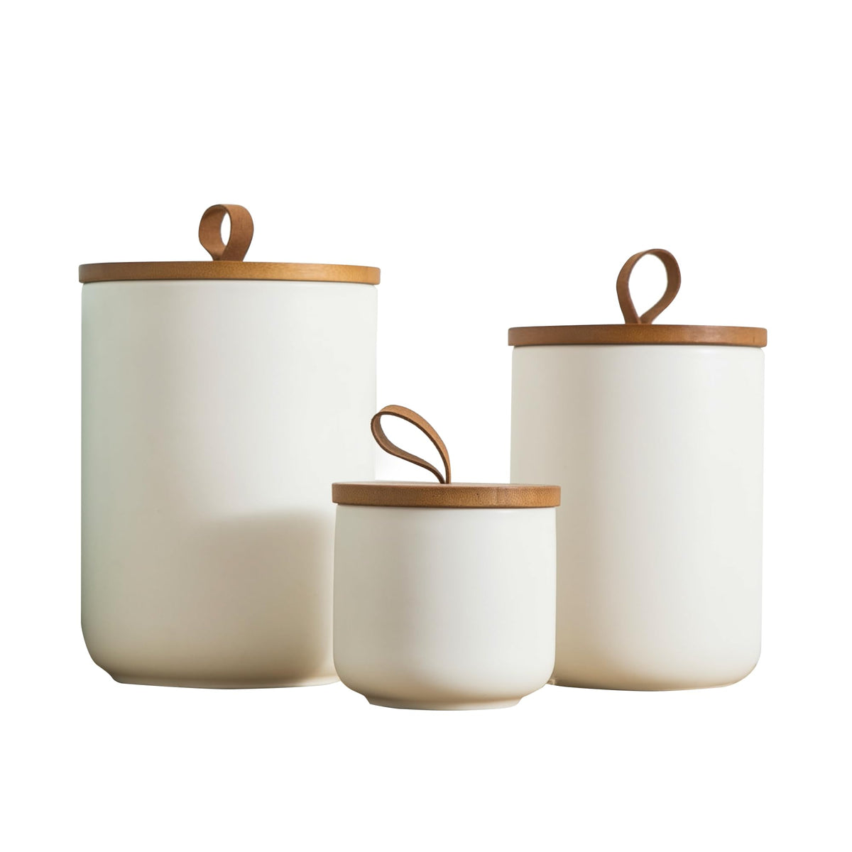 White Ceramic Canisters with Bamboo Lids, Set of 3