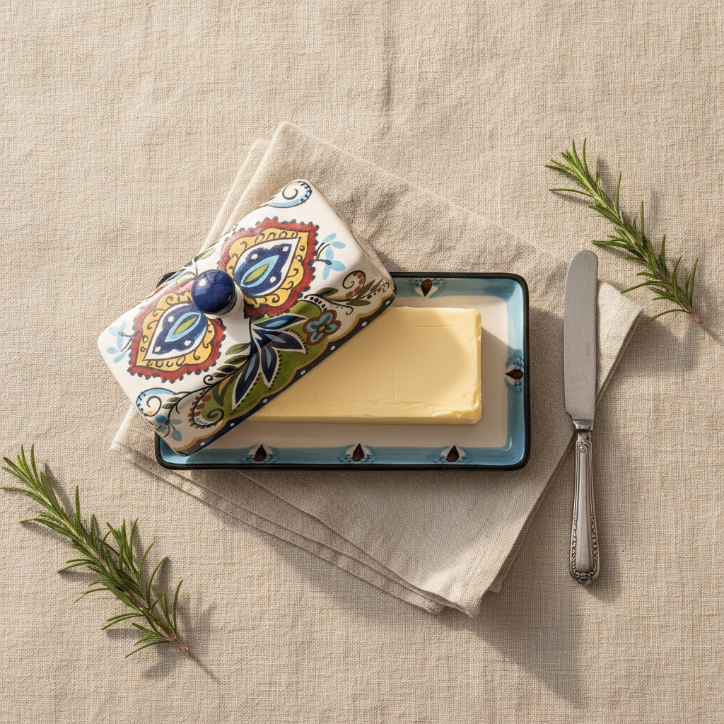 Overhead flat-lay of floral ceramic butter box ajar with butter knife and rosemary
