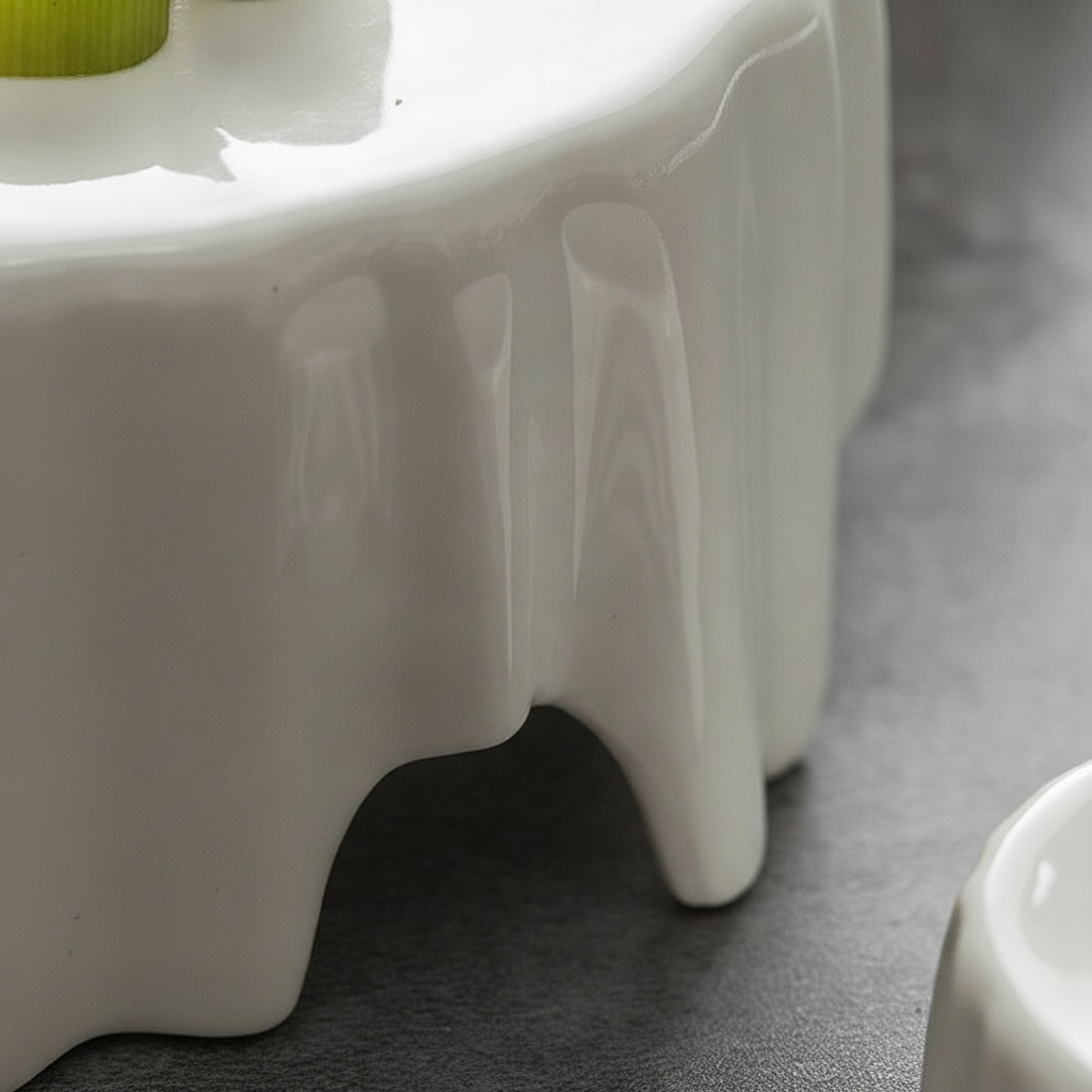 Macro of the glossy white porcelain glaze and cascading dripping edge of the Cascata riser