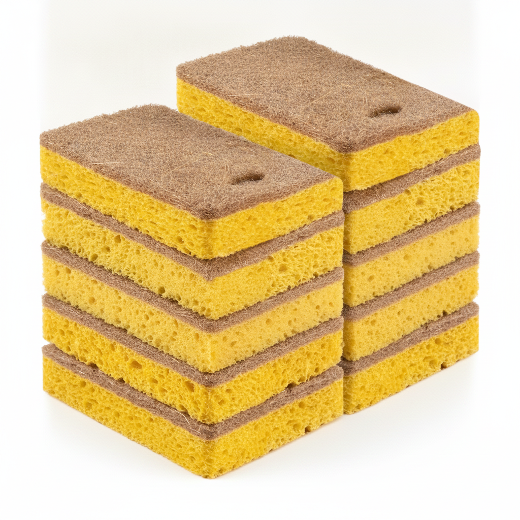 Stack of natural biodegradable dish sponges with yellow cellulose body and brown coir scrubber