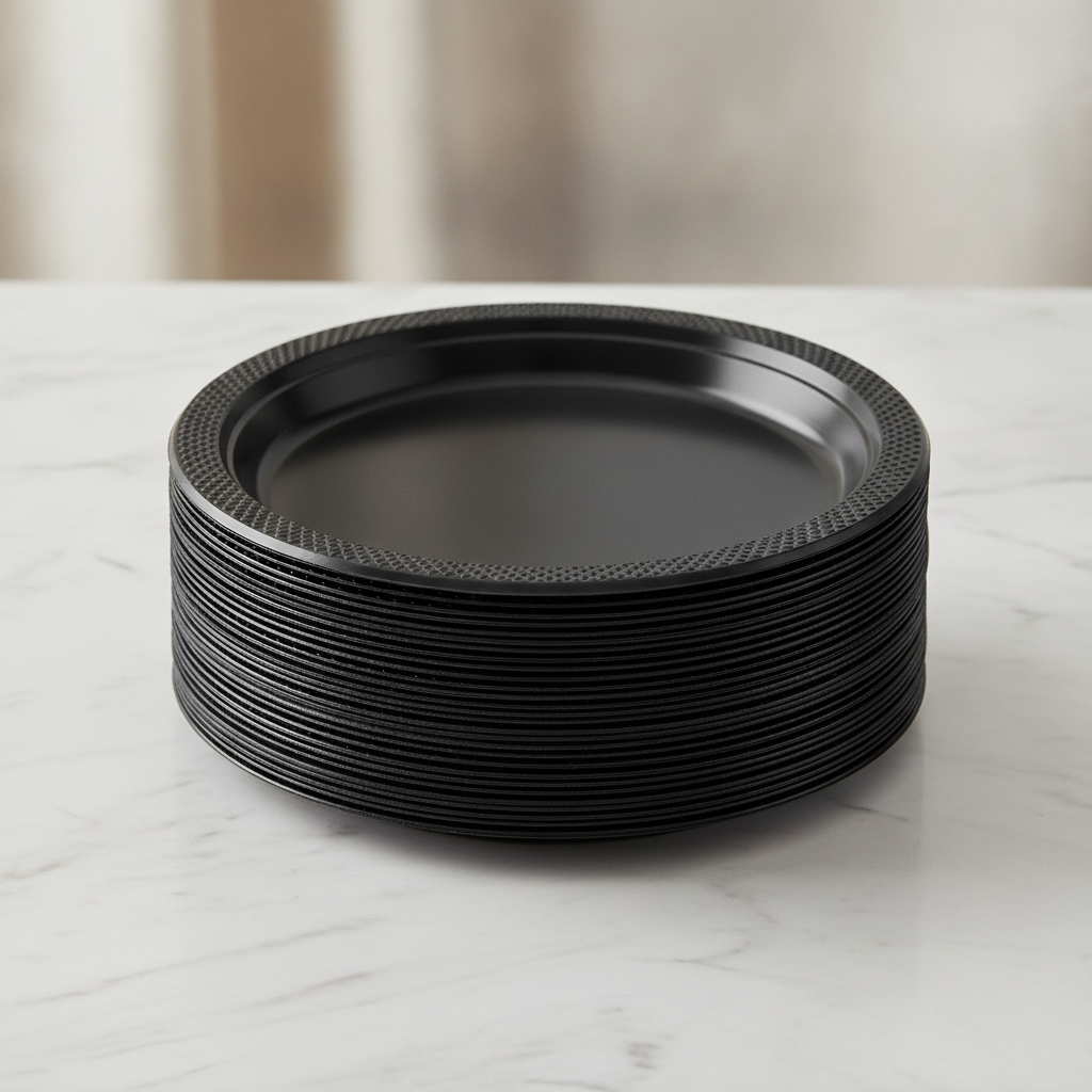Stack of black disposable plates on white marble