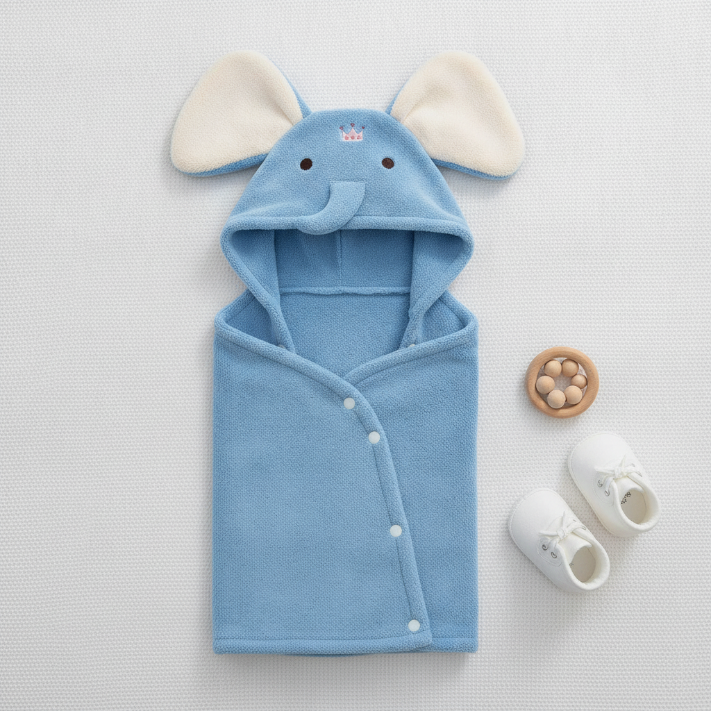 Elephant hooded baby towel laid flat with baby booties — Maison's Kitchen