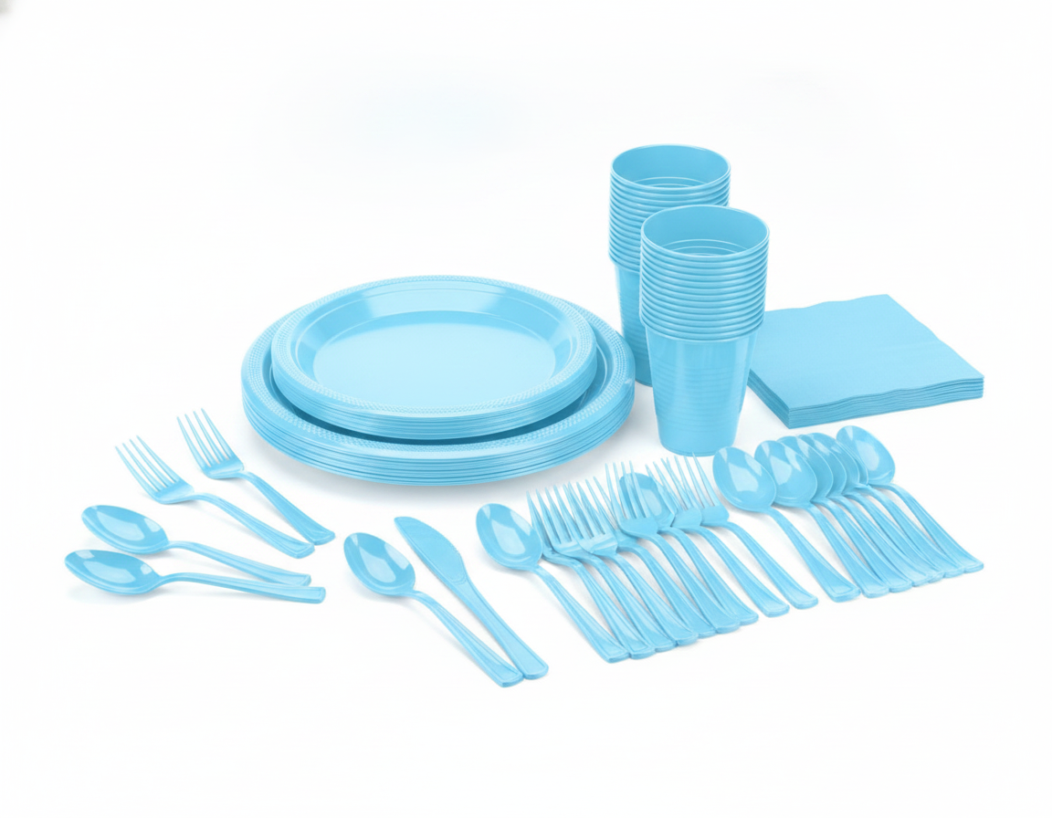 Light blue plastic dinnerware set with plates, cups and cutlery on white