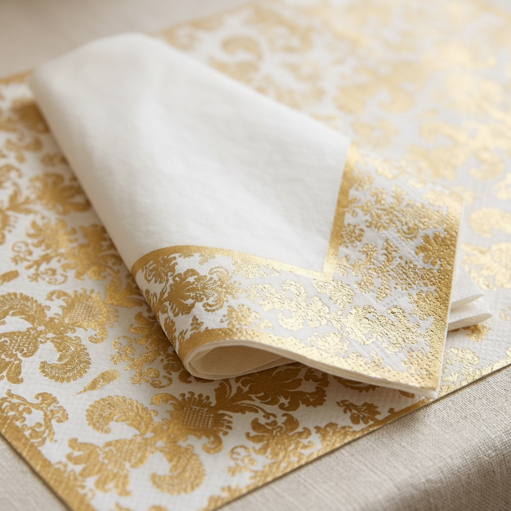 Macro close-up of a gold-printed paper napkin on a matching placemat