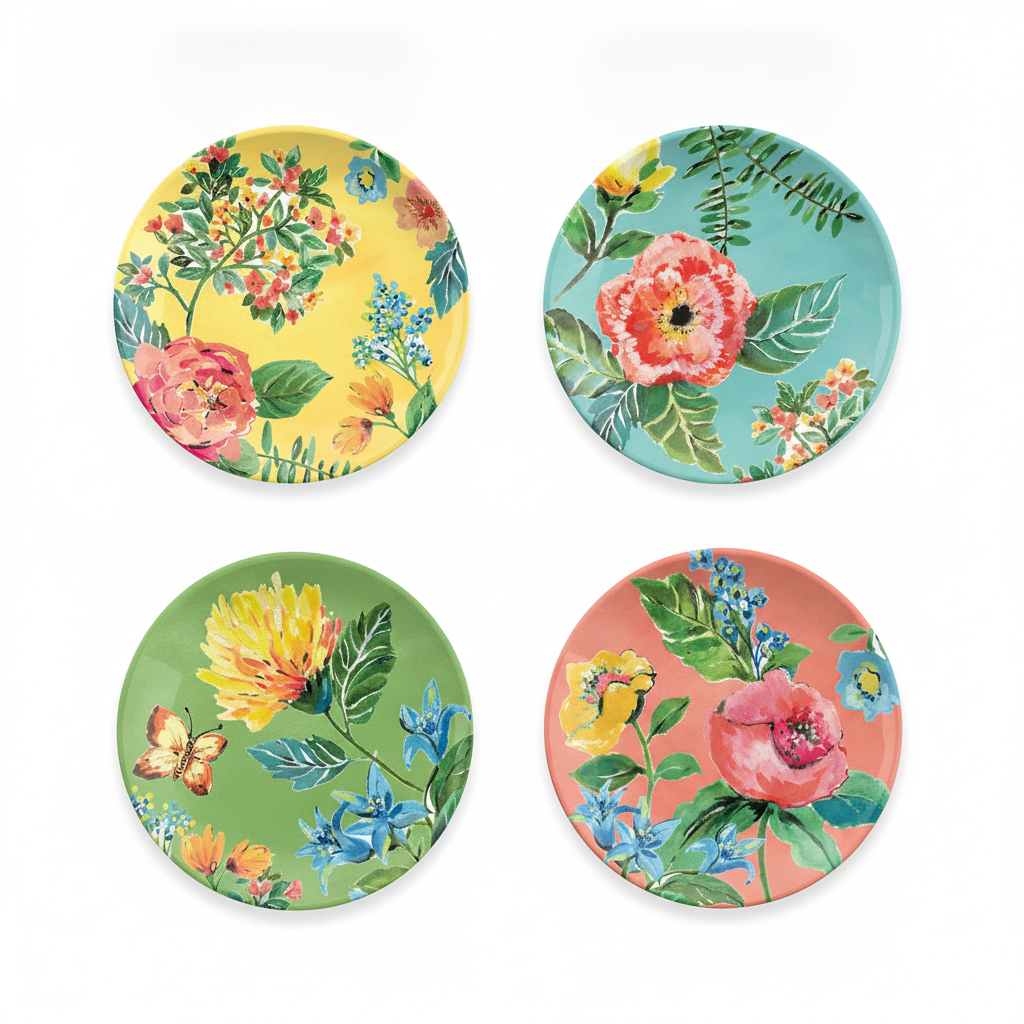 Garden floral melamine salad plates, set of 4 assorted colorways with watercolor florals, on white