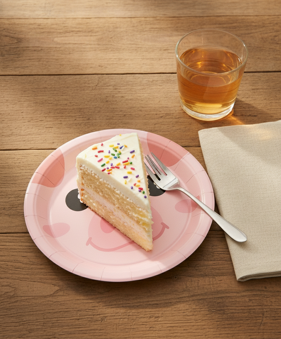 Pink pig farm animal paper party plate set with birthday cake slice at a child's place setting