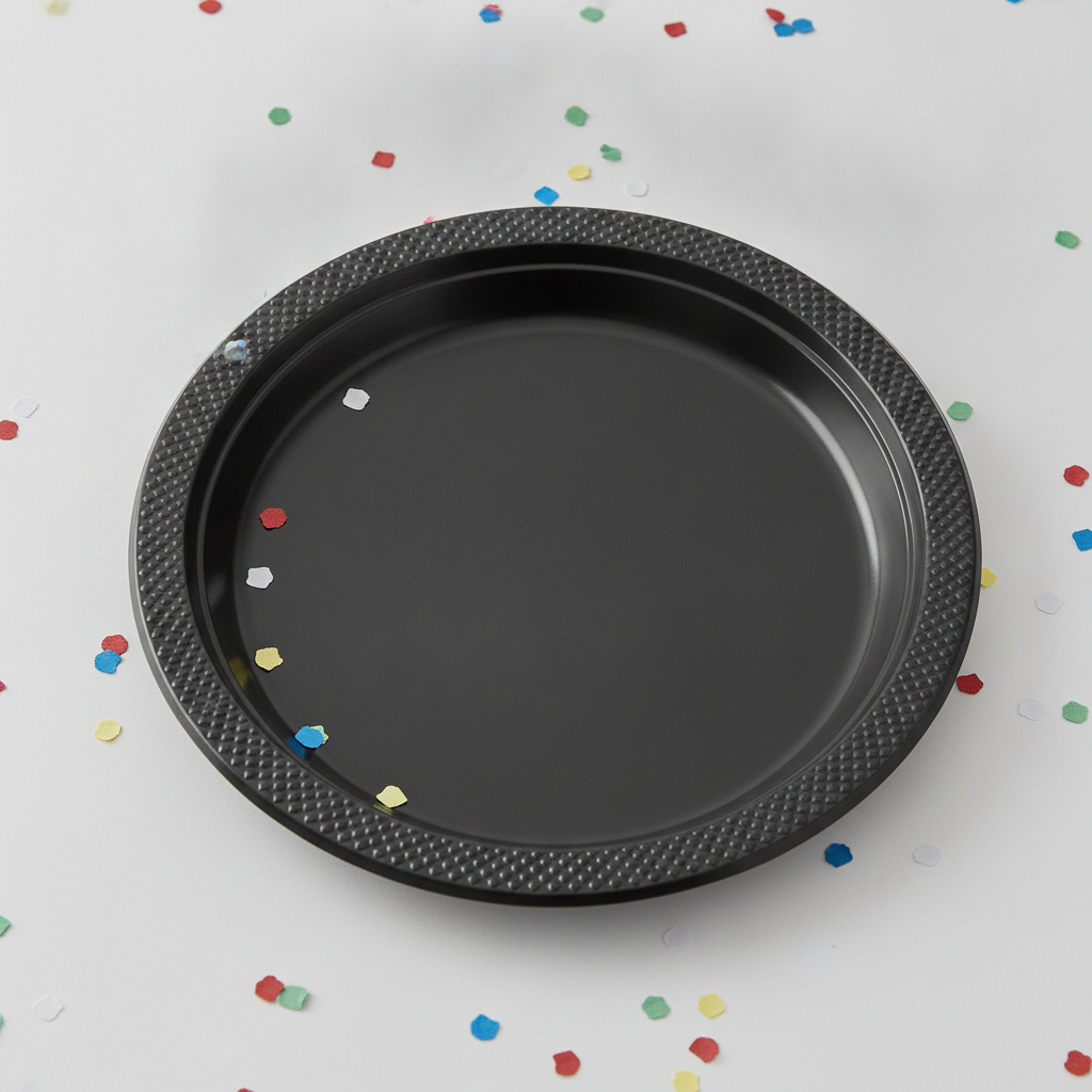 Macro detail of a matte black disposable plate textured rim and thin plastic edge