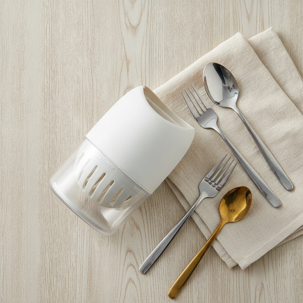 Flat-lay of the utensil organizer with linen and cutlery