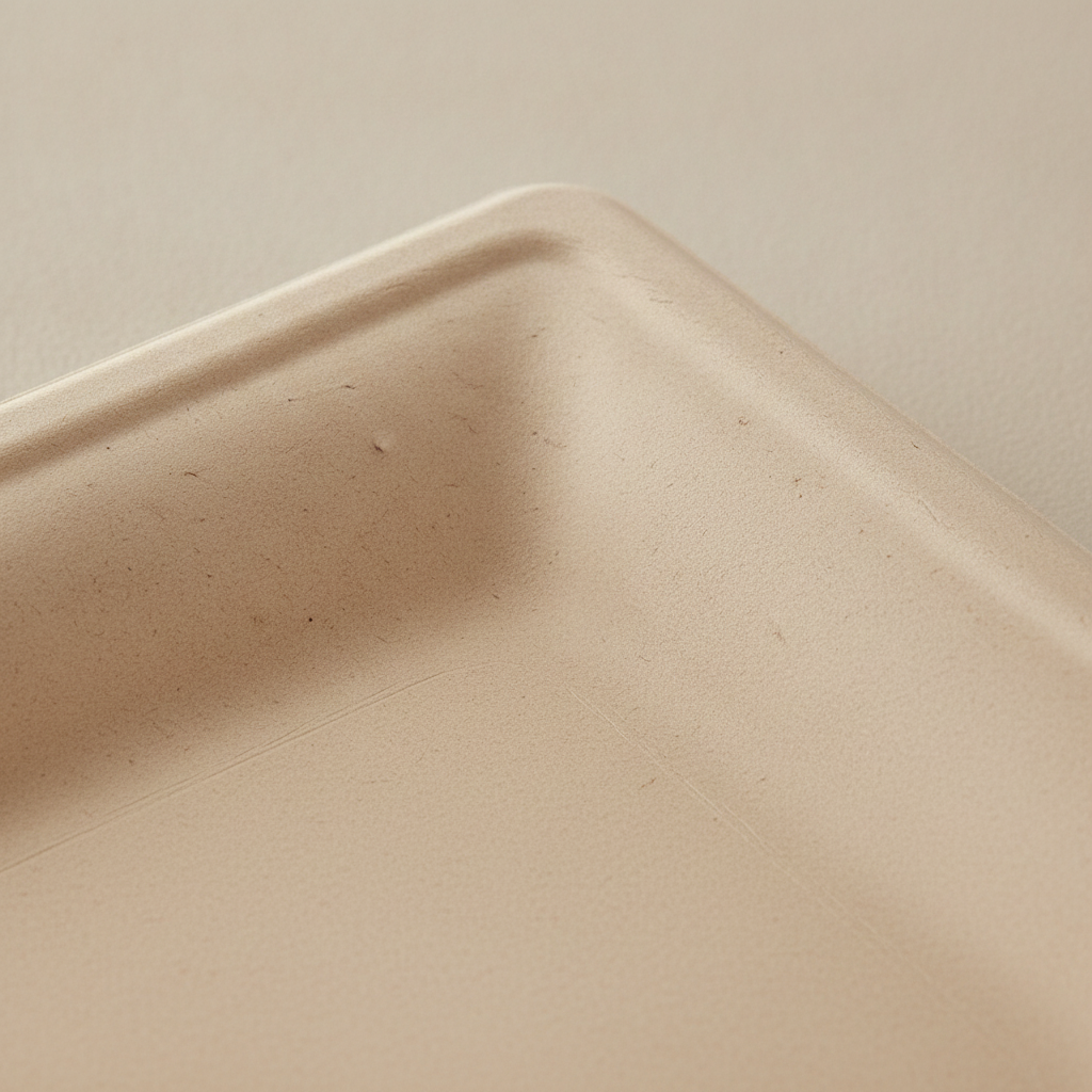 Macro close-up of square sugarcane bagasse plate corner and molded pulp texture