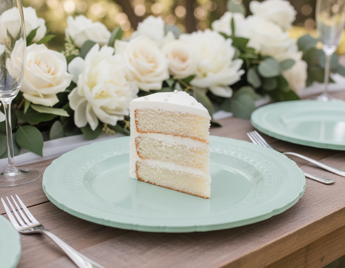 Mint vintage scalloped plastic plate with cake at a garden wedding