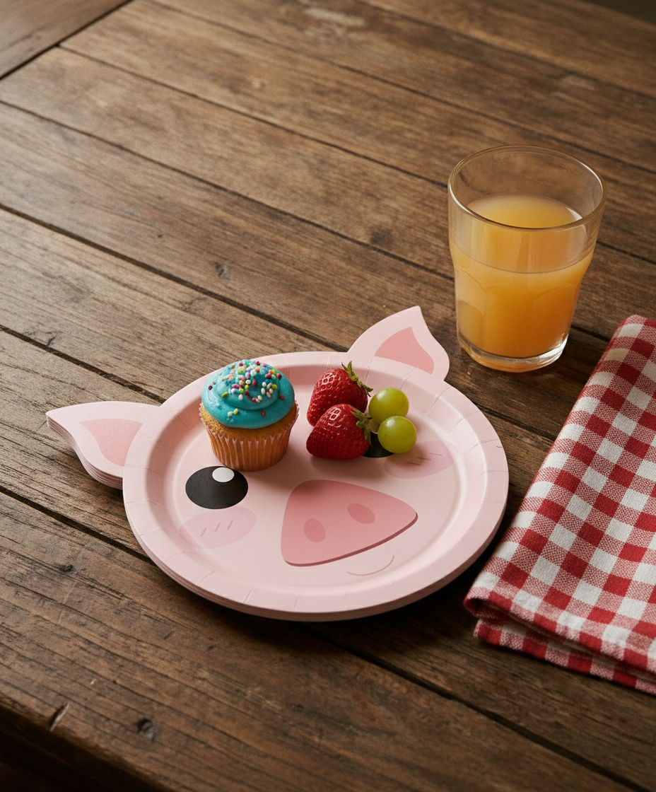 Pig-shaped die-cut paper party plate holding a cupcake at a child's birthday place setting