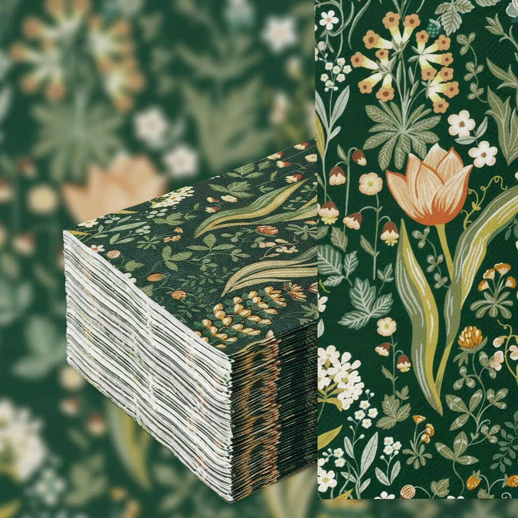 Close-up of vintage botanical floral print on matte green paper napkins