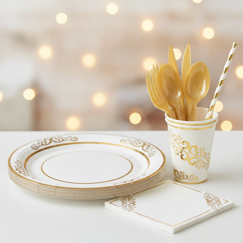 Gold-rim paper plate setting with gold cutlery and a cup at a festive party
