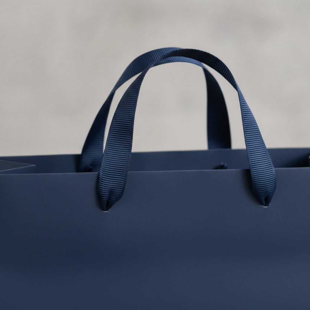 Macro detail of the navy cotton-ribbon handle and matte paper texture of a navy gift bag