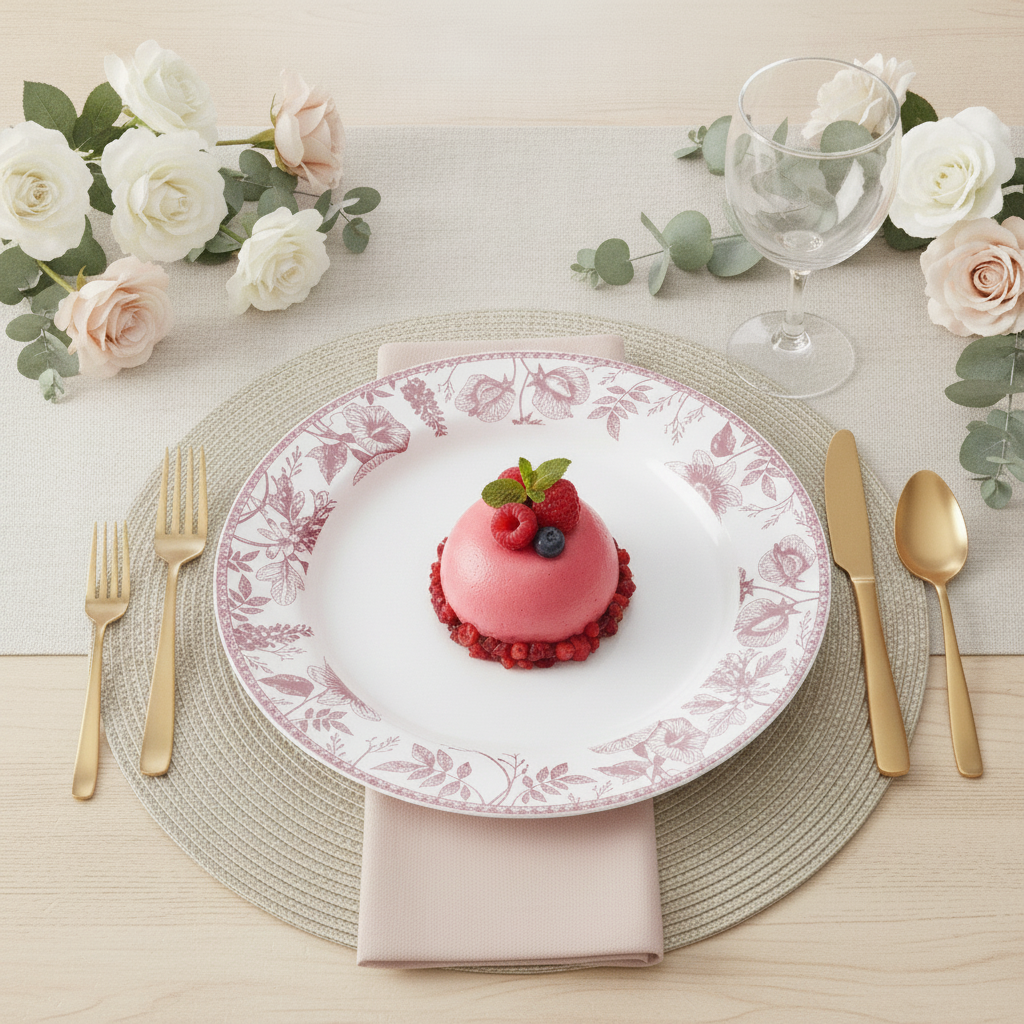 Pink floral disposable plate with a plated dessert on a soft-lit table