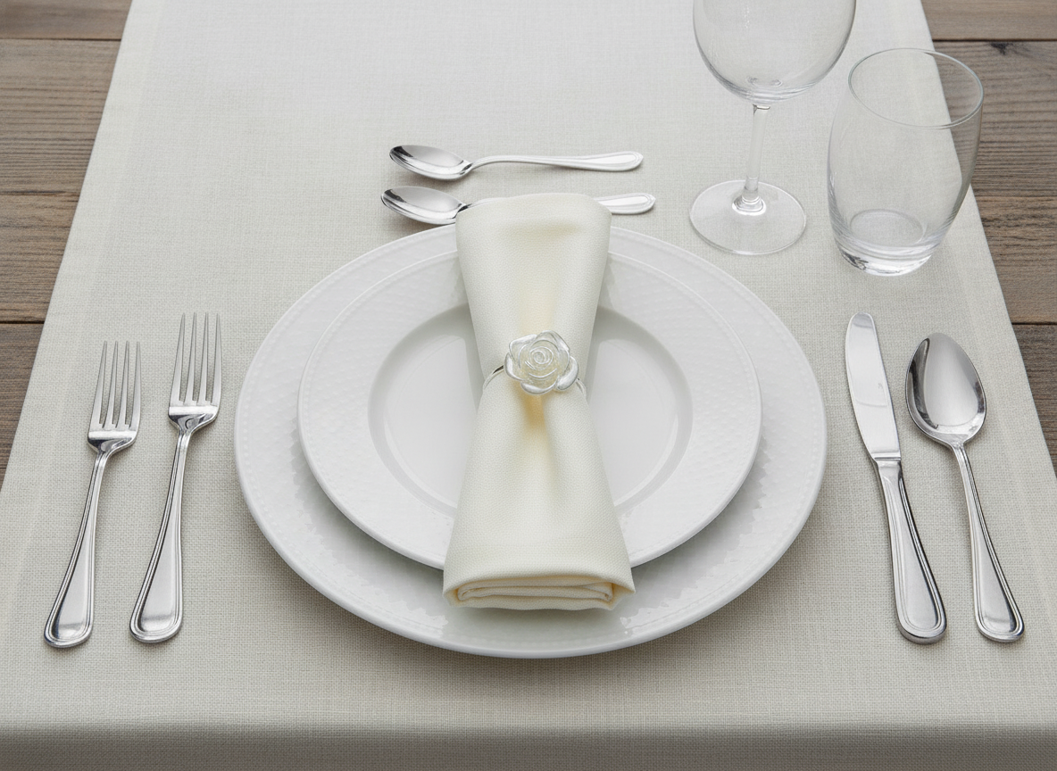 Pearl rose napkin ring holding a folded napkin in an elegant place setting