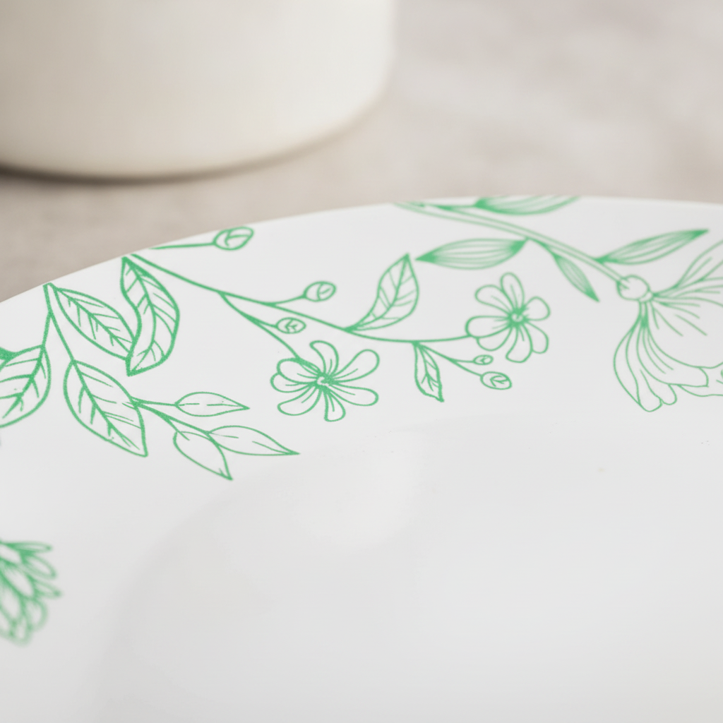 Macro detail of the green botanical floral print on the rim of a white plastic party plate