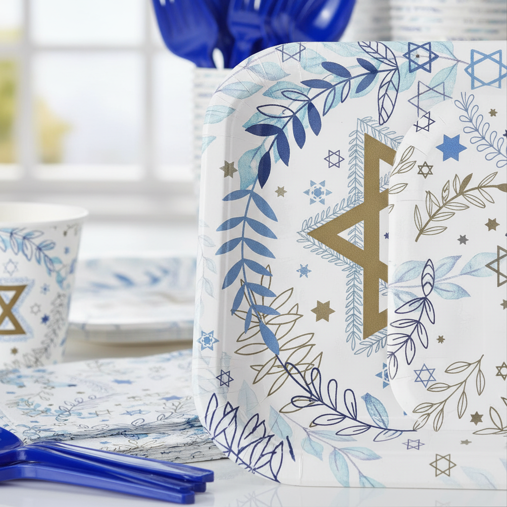 Close-up of white square Hanukkah paper plate showing blue and gold botanical print with Star of David