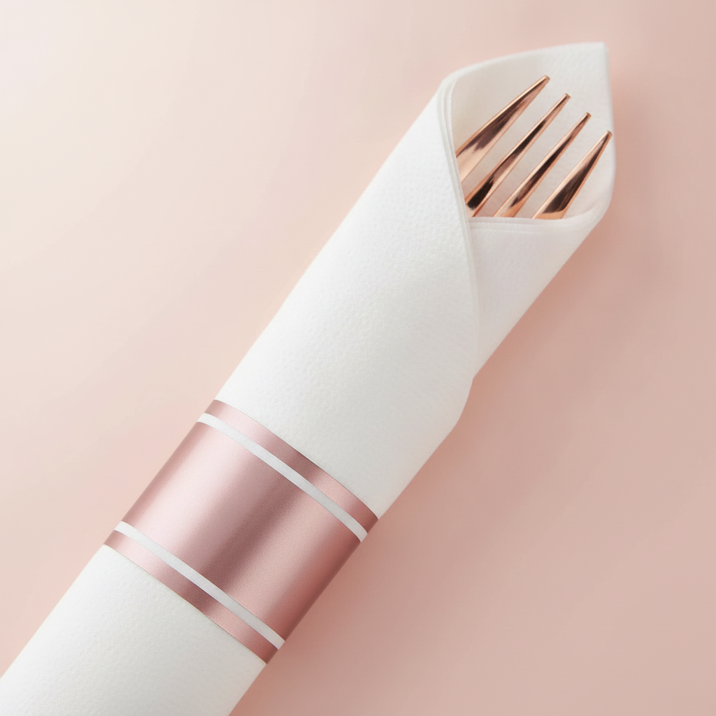 Macro of a pre-rolled napkin bundle with rose-gold band and rose-gold cutlery tip
