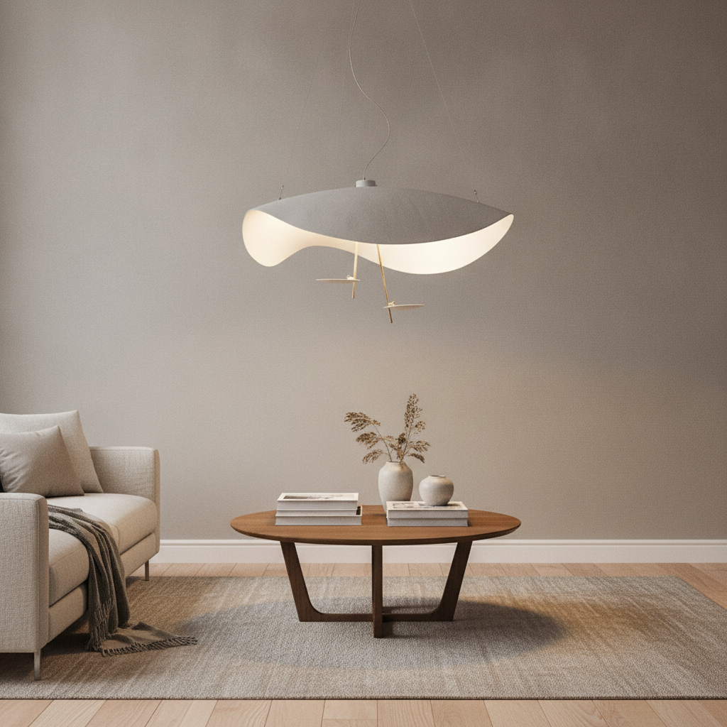 Minimalist disc pendant casting warm uplight in a serene living room