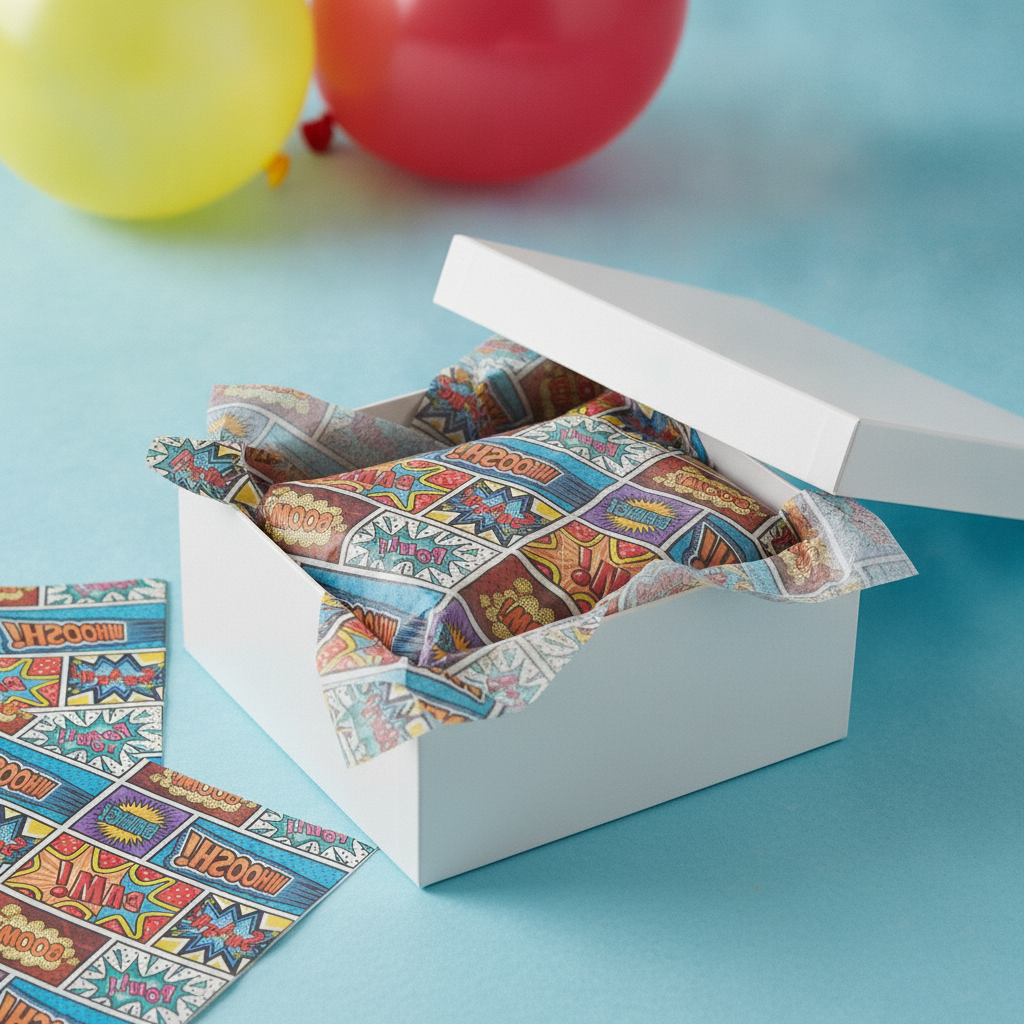 Superhero comic tissue paper layered around a present inside an open gift box